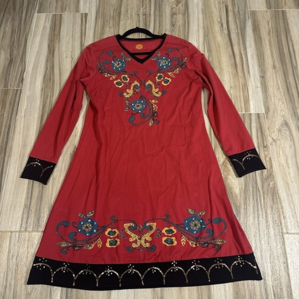Double D Ranch Dress Medium Red Beaded Embroidered Tunic Boho Western Travel